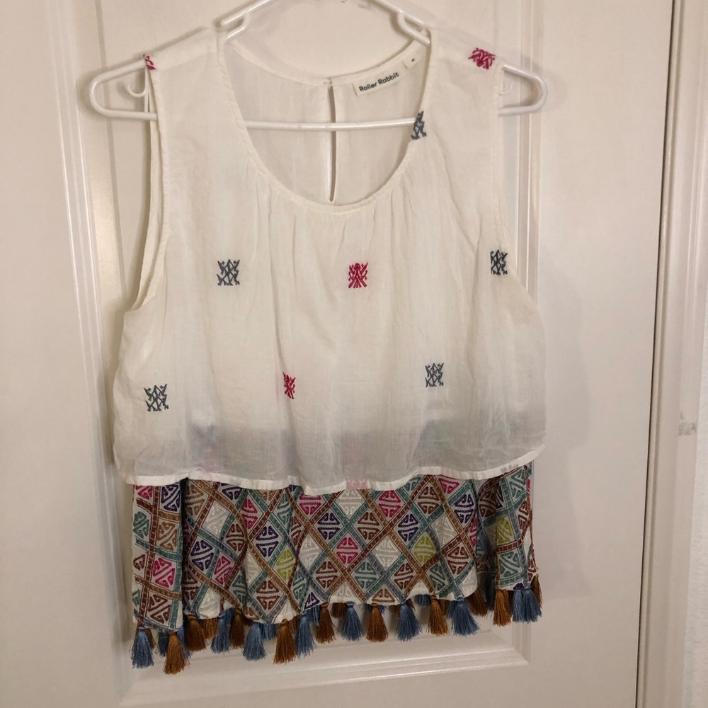 Roller Rabbit Embroidered colorful Cotton Blouse sleeveless top w tassels medium